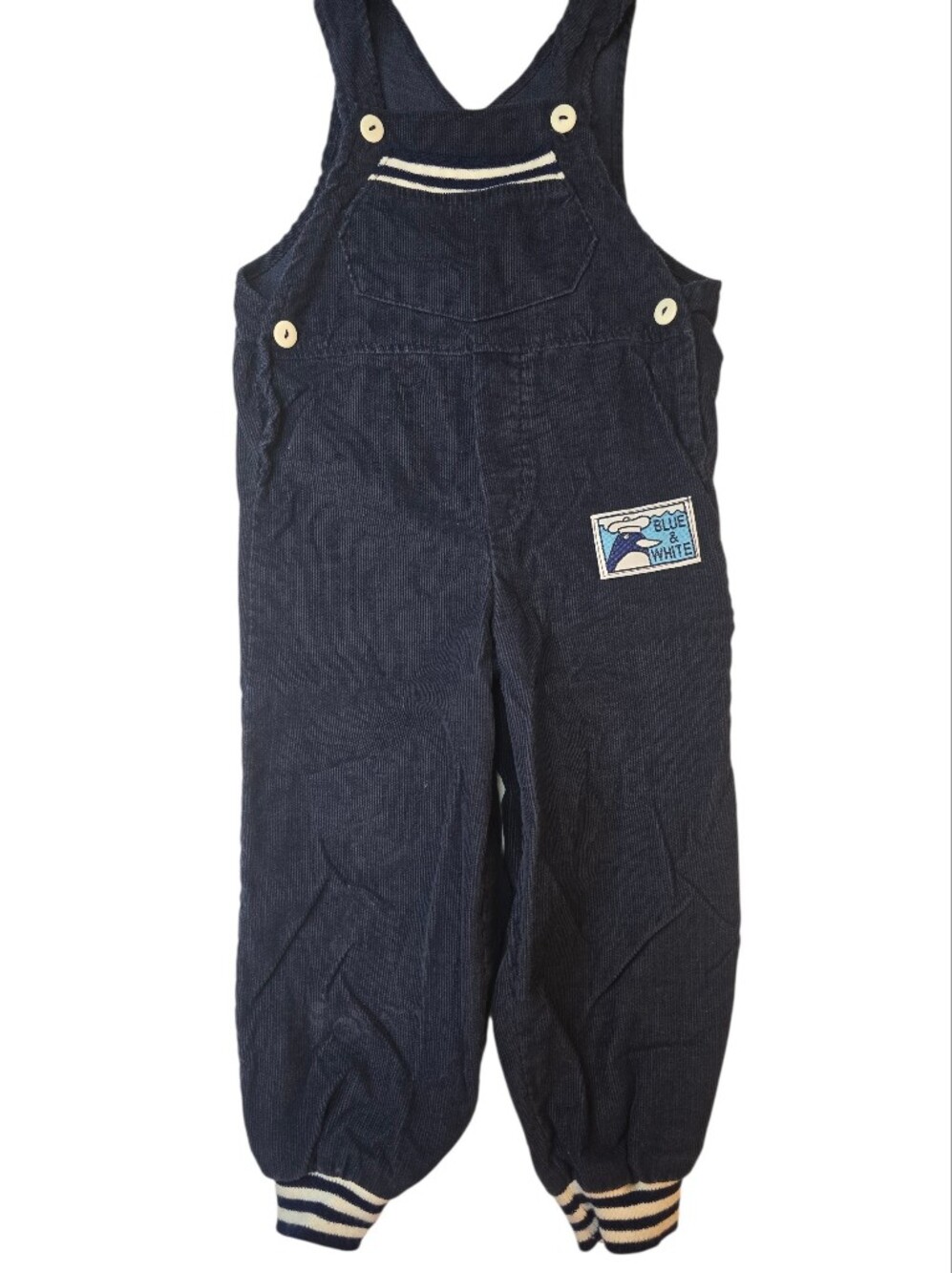 Vintage Liberty Navy Corduroy Overalls with Striped Cuff Detail